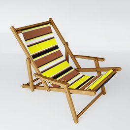 [ Thumbnail: Yellow, White, Sienna & Black Colored Stripes/Lines Pattern Sling Chair ]