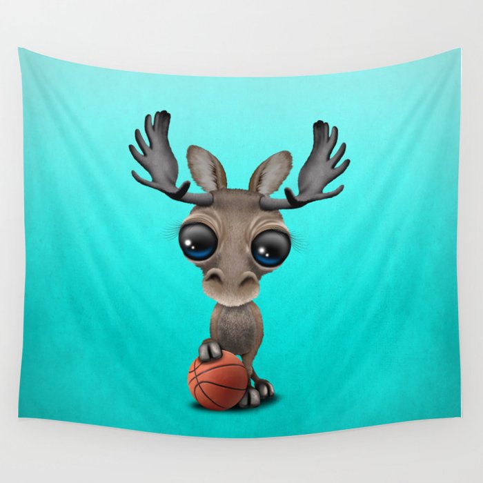 Cute Baby Moose Playing With Basketball Wall Tapestry By Jeffbartels