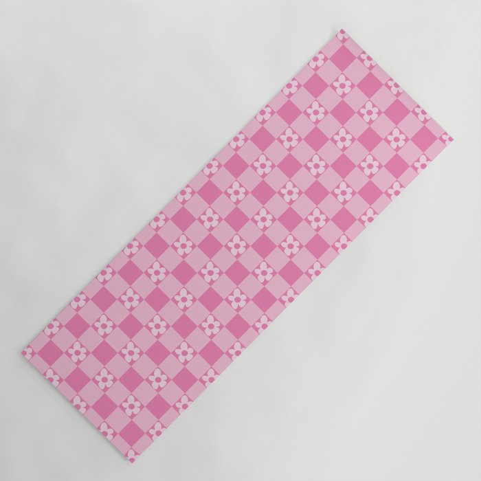 Pink Check Pattern With Flowers Yoga Mat