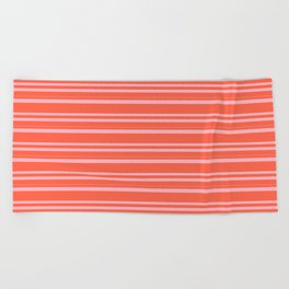 [ Thumbnail: Red & Light Pink Colored Lined Pattern Beach Towel ]