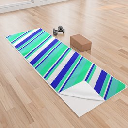 [ Thumbnail: Blue, White, Green, and Turquoise Colored Striped/Lined Pattern Yoga Towel ]