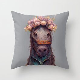 Horse with Flower Crown Portrait Throw Pillow