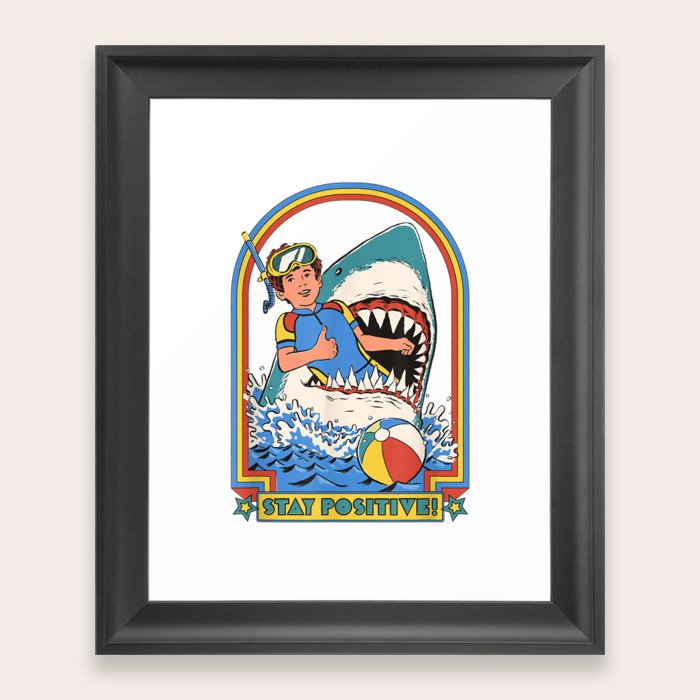 Stay Positive Shark Attack Vintage Retro Comedy Funny Framed Art Print