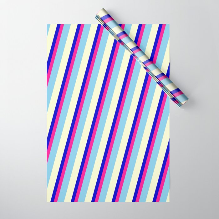 Blue, Deep Pink, Sky Blue, and Light Yellow Colored Stripes/Lines Pattern Wrapping Paper