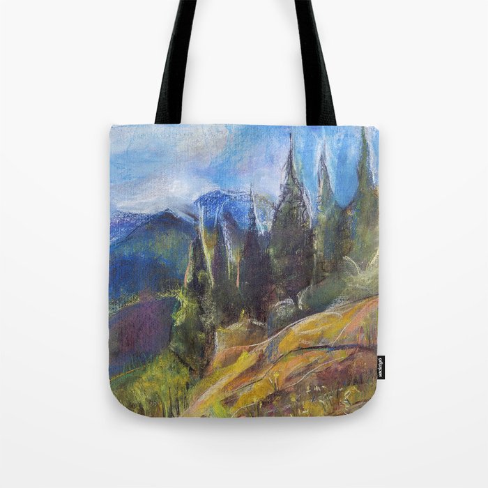 Pastel drawing of an Alpine Pine Forest Tote Bag
