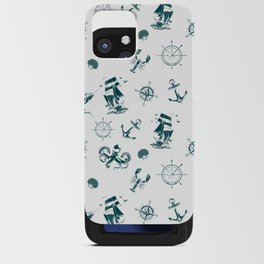 Teal Blue Silhouettes Of Vintage Nautical Pattern iPhone Card Case