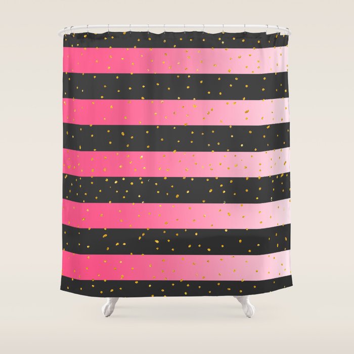 Pink black gold faux glitter dots stripes pattern Shower Curtain by