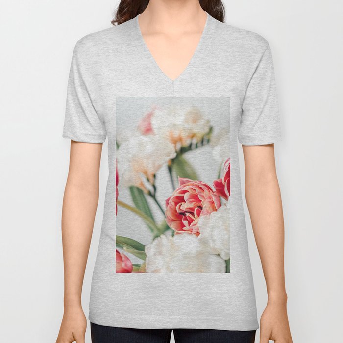 Pink Flowers. Red Tulips, Flower Pattern, Floral Texture, Flora Design, Home Decor Art Print, Valentines Day Bouquet, Wedding Bridal Flowers V Neck T Shirt