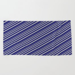 [ Thumbnail: Dark Grey & Midnight Blue Colored Lined/Striped Pattern Beach Towel ]