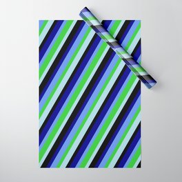 [ Thumbnail: Colorful Black, Dark Blue, Cornflower Blue, Lime Green, and Light Blue Colored Lines/Stripes Pattern Wrapping Paper ]