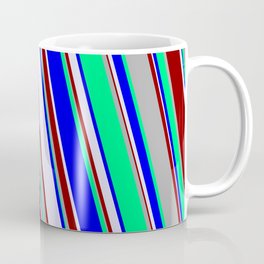 [ Thumbnail: Green, Blue, Lavender, Dark Red, and Dark Gray Colored Stripes Pattern Coffee Mug ]