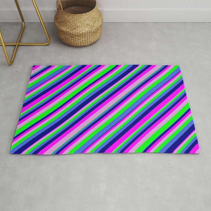 Eyecatching Royal Blue, Blue, Fuchsia, Plum, and Lime Colored Lined/Striped Pattern Rug