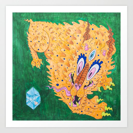 二 Curiosity (Neon Horned Tiger finds a Blue Diamond in the Green Dimension) Art Print