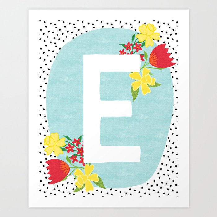 E botanical monogram. Letter initial with tulips and daffodils poster Art Print