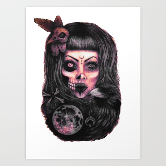 Blood Moon Witch and The Raven Art Print by Connies Creepy Corner