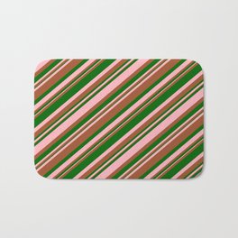 [ Thumbnail: Light Pink, Sienna, and Dark Green Colored Stripes Pattern Bath Mat ]