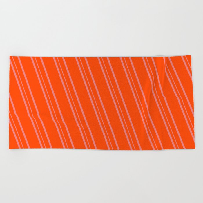 Red & Light Coral Colored Lines/Stripes Pattern Beach Towel