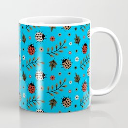 Ladybug and Floral Seamless Pattern on Turquoise Background Mug