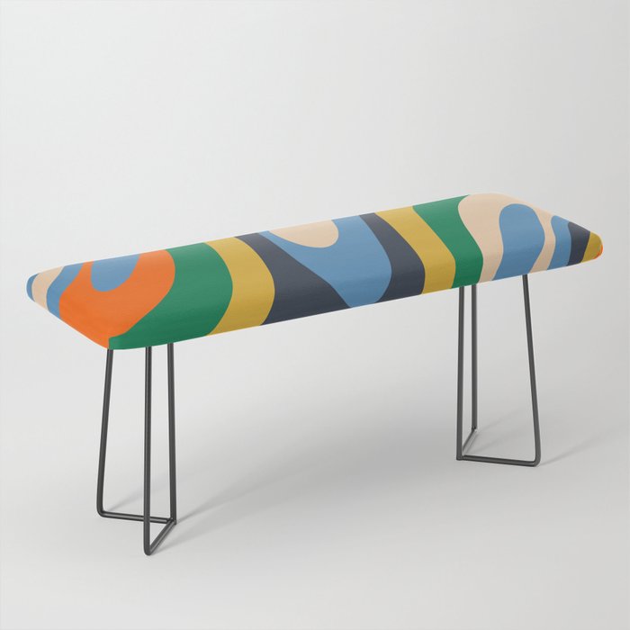 Wavy Loops Retro Colorful Abstract Pattern Blue Orange Mustard Green Beige Bench