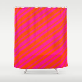 [ Thumbnail: Red and Deep Pink Colored Lined Pattern Shower Curtain ]