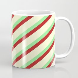 [ Thumbnail: Light Green, Red, and Light Yellow Colored Lined/Striped Pattern Coffee Mug ]