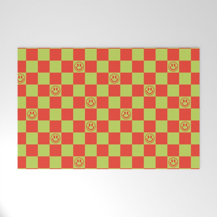 Smiley Face & Checkerboard (Red & Acid Green) Welcome Mat