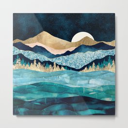 Midnight Ocean Metal Print | Mountains, Trees, Forest, Blue, Midnight, Gold, Digital, Nature, Pink, Landscape 