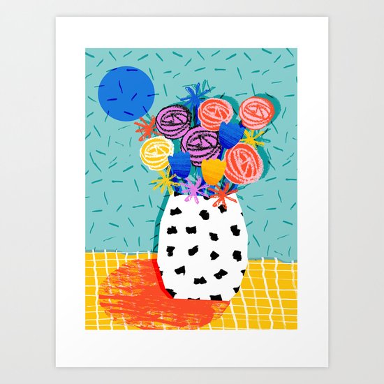 Legit - throwback abstract floral still life memphis retro 80s style vase with flowers Art Print