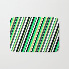 [ Thumbnail: Vibrant Green, Tan, Dark Slate Gray, White, and Black Colored Striped/Lined Pattern Bath Mat ]