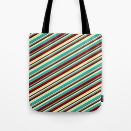 [ Thumbnail: Pale Goldenrod, Light Sea Green, and Dark Red Colored Striped Pattern Tote Bag ]