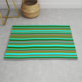 [ Thumbnail: Grey, Green, Aqua & Dark Green Colored Stripes/Lines Pattern Rug ]