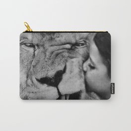 Grouchy Lion being kissed by brunette girl black and white photography Carry-All Pouch