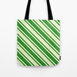 [ Thumbnail: Light Yellow & Forest Green Colored Lined/Striped Pattern Tote Bag ]