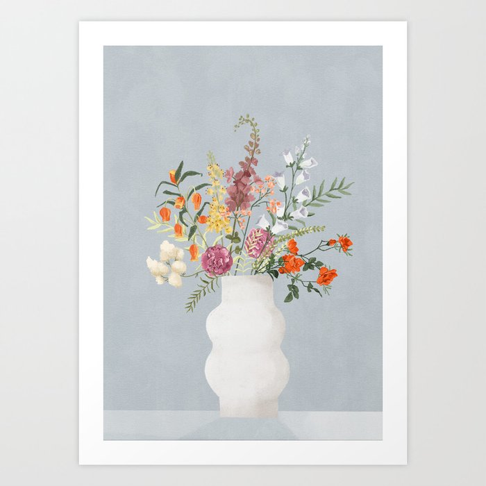 Flowers is Vase, Blue Art Print