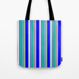 [ Thumbnail: Blue, Tan, Light Sea Green, and White Colored Striped Pattern Tote Bag ]