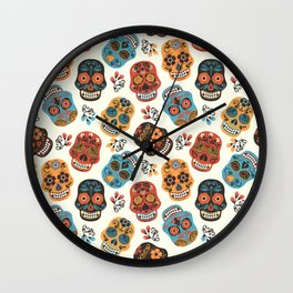 Colorful retro floral sugar skulls pattern Wall Clock