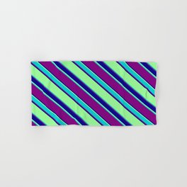 [ Thumbnail: Green, Dark Turquoise, Purple, and Dark Blue Colored Striped Pattern Hand & Bath Towel ]