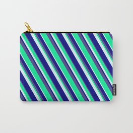 [ Thumbnail: Green, Light Cyan, Blue & Dark Slate Blue Colored Lines/Stripes Pattern Carry-All Pouch ]