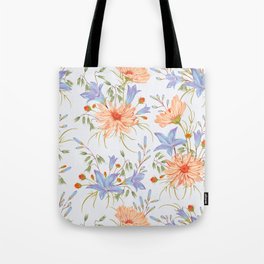 Watercolor Orange Chamomile Flower Blooms & Bluebell Blooms on White Tote Bag