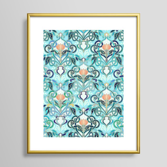 Ocean Aqua Art Nouveau Pattern with Peach Flowers | Art Print