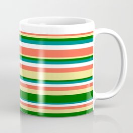 [ Thumbnail: Eyecatching Red, Tan, Dark Green, Teal, and White Colored Stripes/Lines Pattern Coffee Mug ]