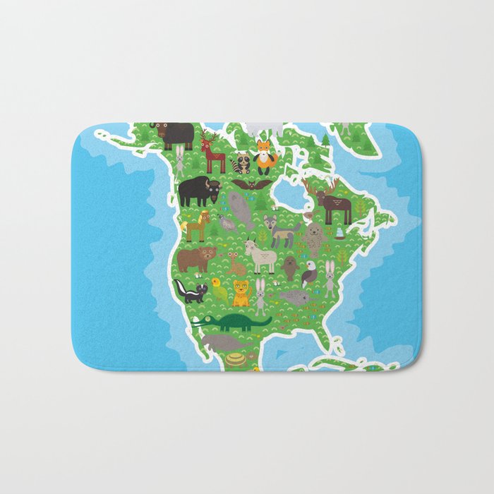 Map Of North America With Animals Bison Bat Manatee Fox Elk Horse Map Of North America With Animals Bison Bat Manatee Fox Elk Horse Wolf Partridge Seal Polar Bear Bath Mat By Ekaterinap Society6
