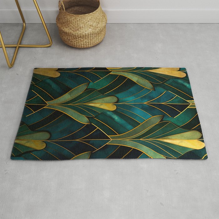 Luxurious Aesthetic Vintage Inspired Teal and Gold Leaves Pattern Rug