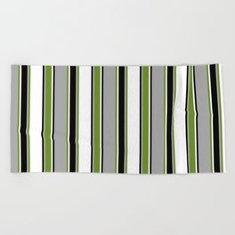 [ Thumbnail: Dark Gray, Green, White & Black Colored Lines/Stripes Pattern Beach Towel ]