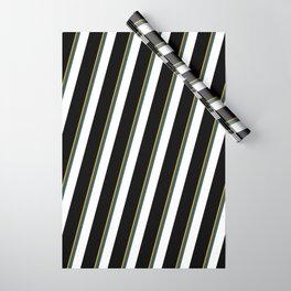 [ Thumbnail: Goldenrod, Dark Slate Gray, White, and Black Colored Striped Pattern Wrapping Paper ]