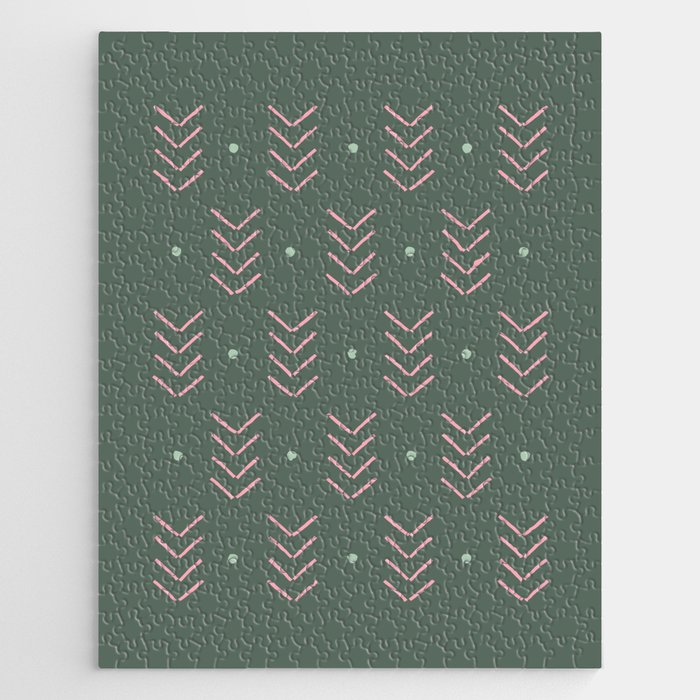 Arrow Lines Geometric Pattern 31 in Sage Green Pink Jigsaw Puzzle