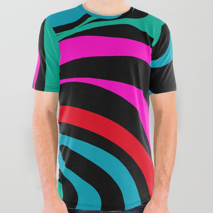 New Groove Retro Swirl Abstract Pattern in 80s Colors on Black  All Over Graphic Tee