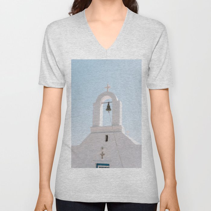 Greek White Tradtitional Church | Building on the Island of Naxos, Greeece | Summer Sunny Travel Photography V Neck T Shirt