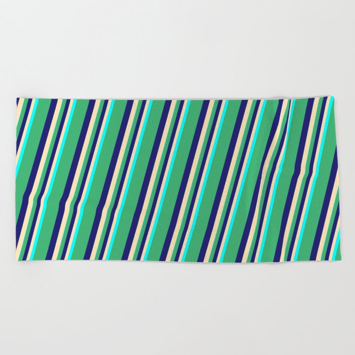 Sea Green, Midnight Blue, Beige & Cyan Colored Lines Pattern Beach Towel