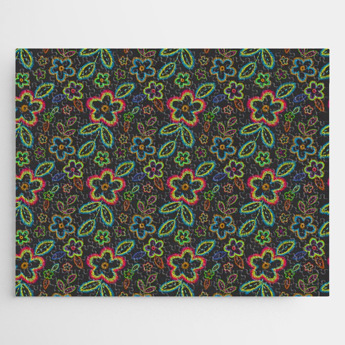Embroidery imitation floral pattern on dark canvas Jigsaw Puzzle